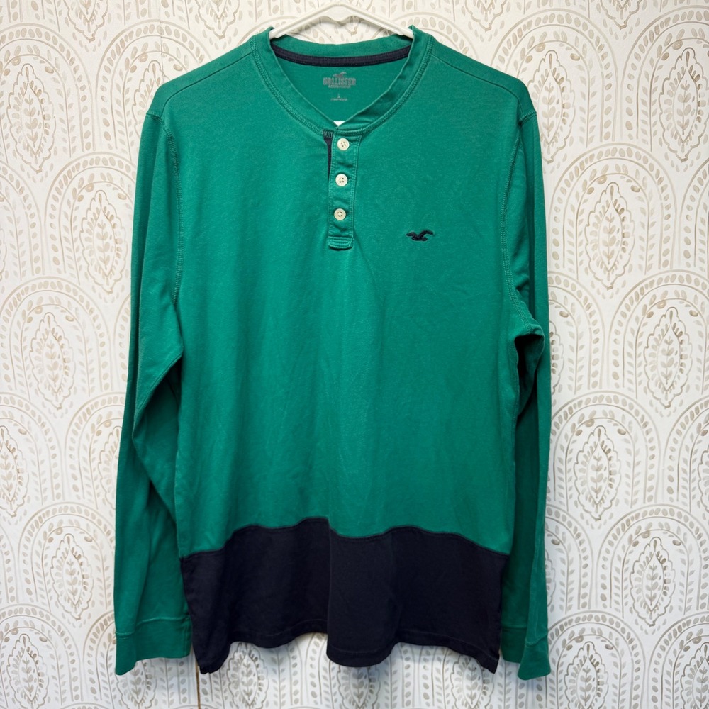 Hollister‎ Henley Shirt Mens L Green Navy Colorblock Long Sleeve Logo Casual Tee